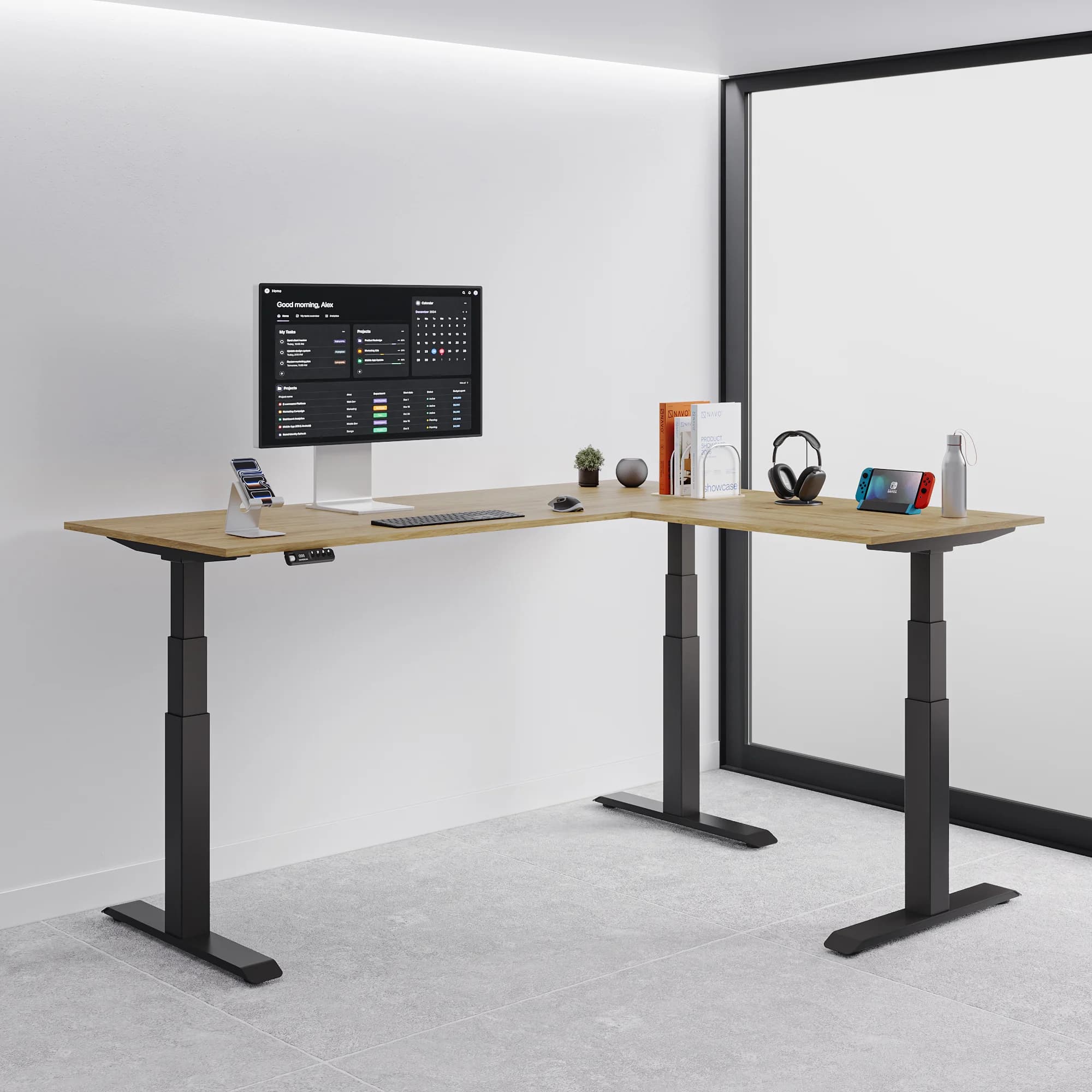 Navodesk® L Shaped Desk Oak Top Black Frame Right1
